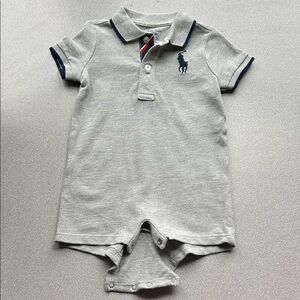 NWT Ralph Lauren Light Gray Baby Polo Romper with Navy Trim